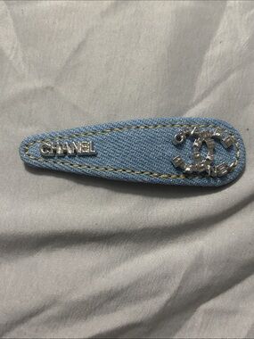 CHANEL Light Blue Denim Logo Snap Hair Clip